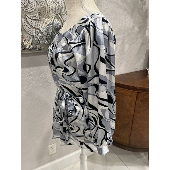Violet & Claire Black/White Abstract Printed Satin Blouse With Belted Waist L - Picture 5 of 6